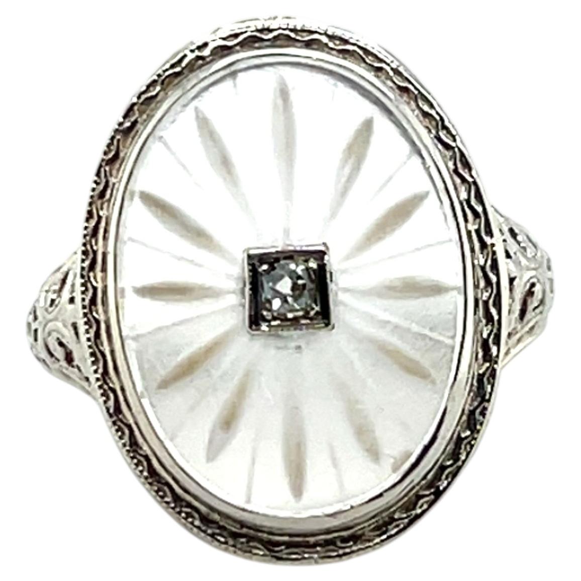 Art Deco Camphor Glass Rock Crystal Diamond 14k White Gold Filigree Ring