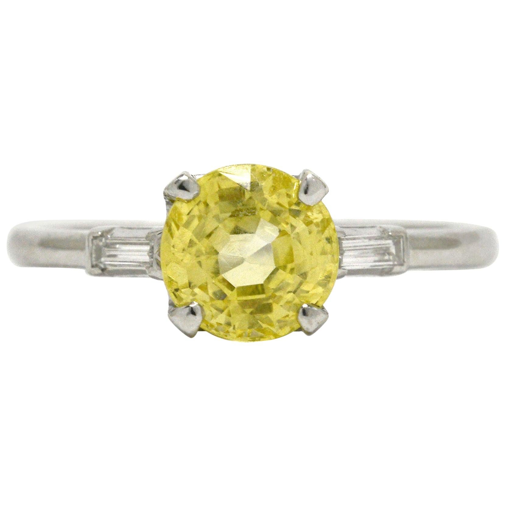Art Deco Canary Yellow Sapphire Diamond Engagement Ring 2 1/2 Carat Platinum