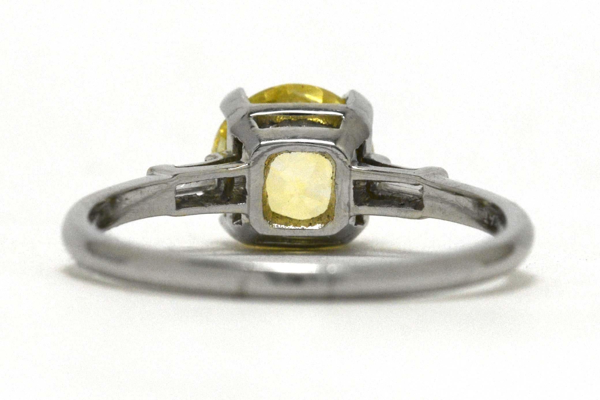 Art Deco Canary Yellow Sapphire Diamond Engagement Ring 2 1/2 Carat Platinum In Good Condition In Santa Barbara, CA