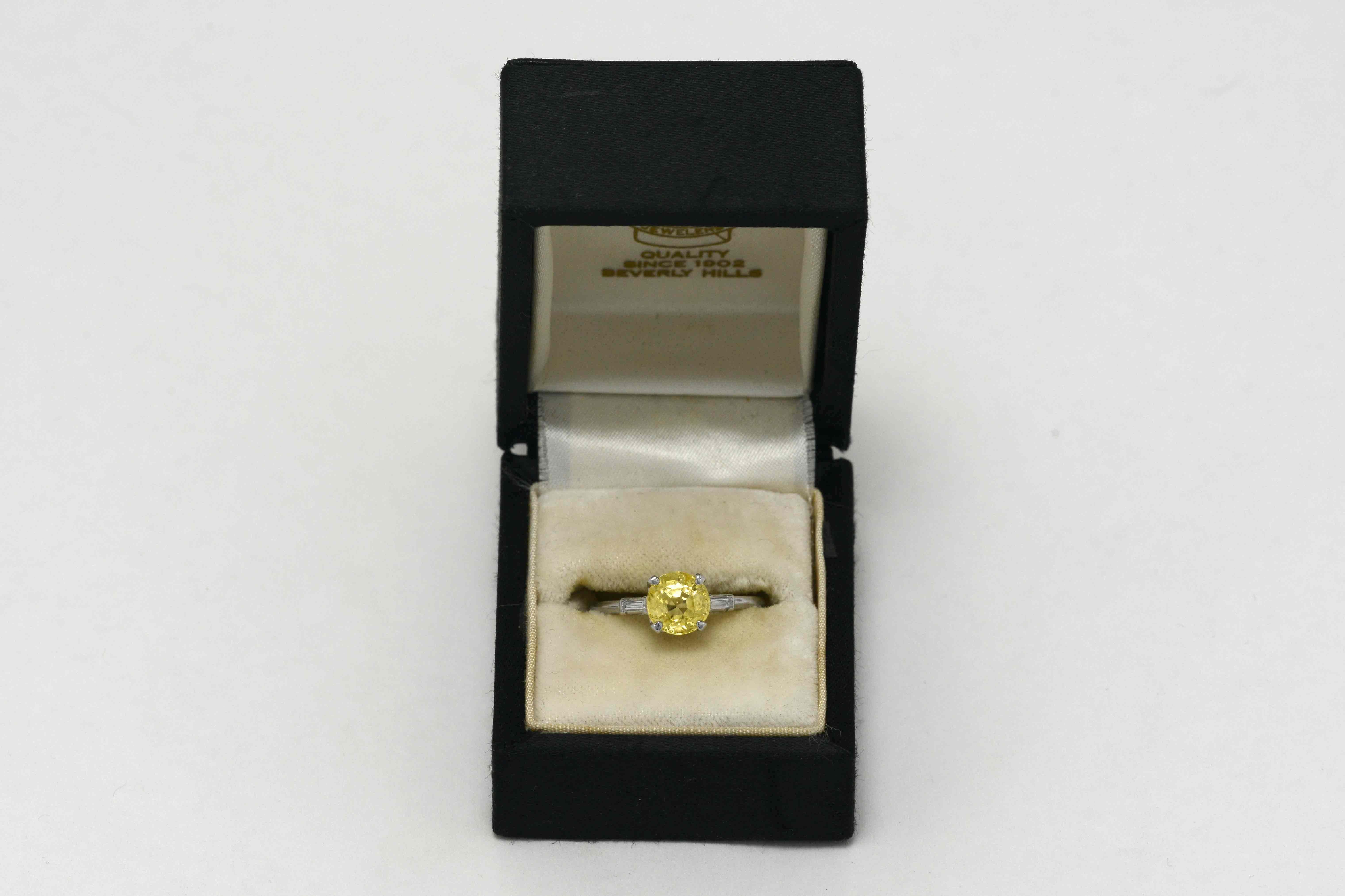 Women's Art Deco Canary Yellow Sapphire Diamond Engagement Ring 2 1/2 Carat Platinum