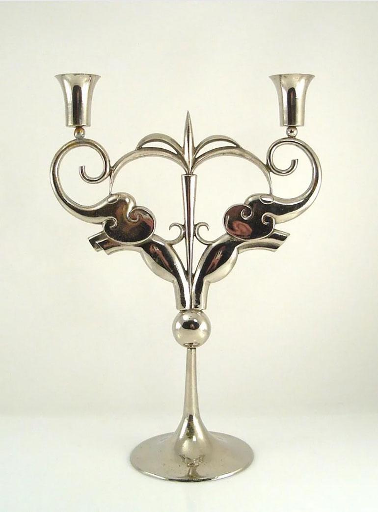 Early Candelabra with two elephants, designed by Karl Hagenauer in the 1920s. 
This object is very rare and is made of nickel-plated brass. Not stamped, but comes with authenticity certificate from Mag. Roland Hagenauer, last descendant of Karl