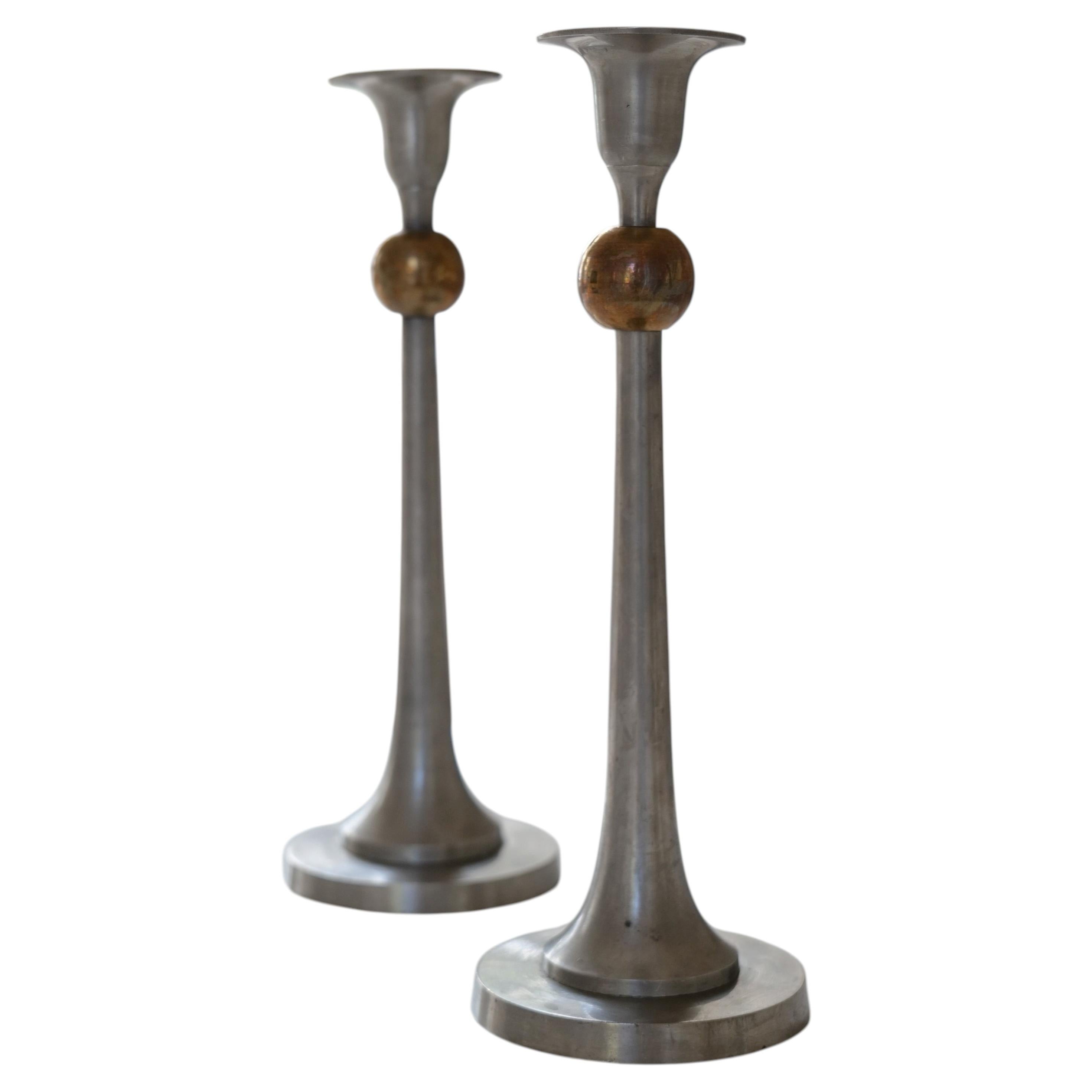 Art Deco Candle Holders in Pewter and Brass, Sweden, 1930s Design