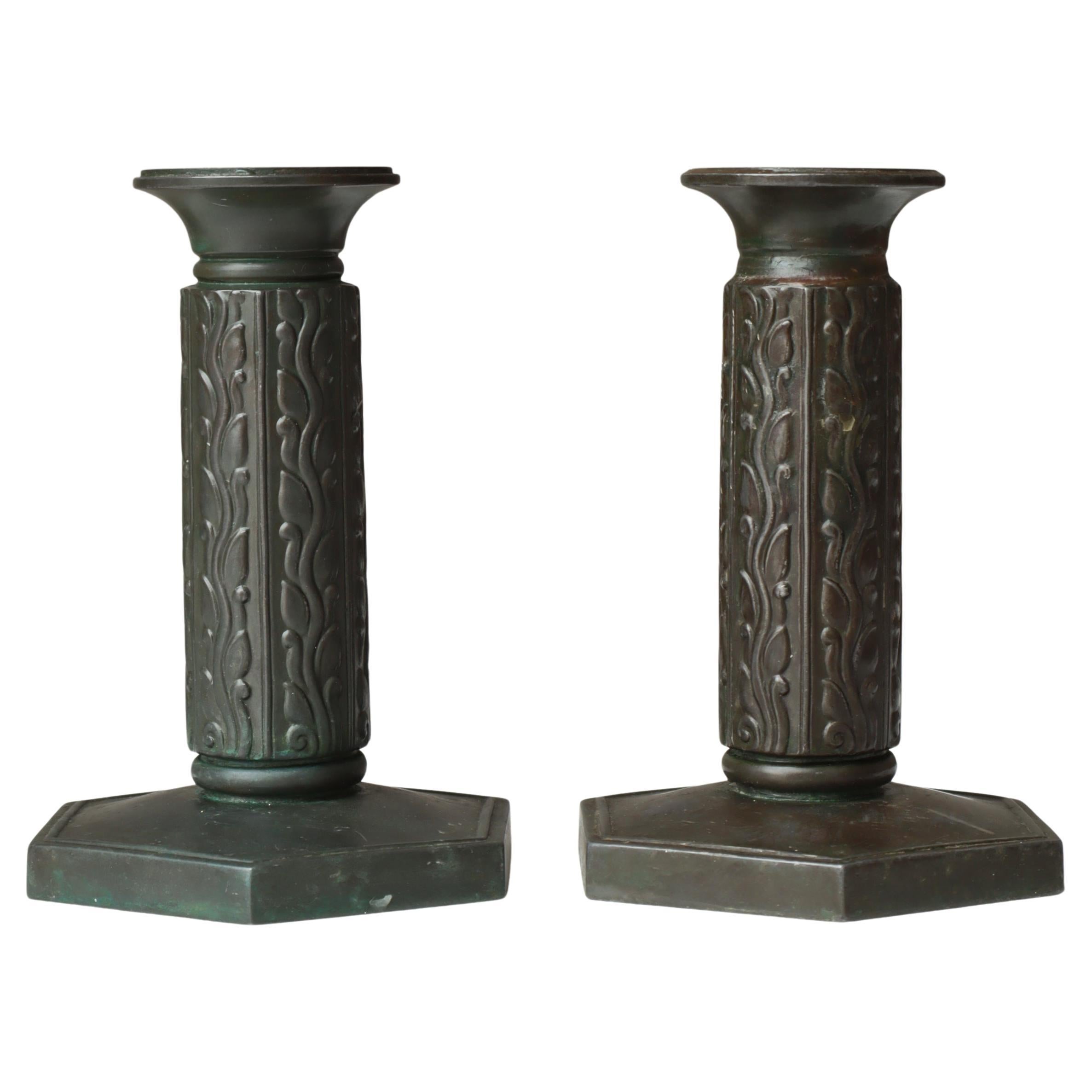Art Deco Candle Sticks by Just Andersen in Patinated Disko Metal, Denmark, 1930s For Sale