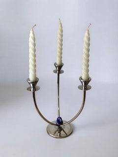 Candelabro in stile Art Déco in acciaio inossidabile a 3 bracci con pietre blu, Spagna, anni '70 circa