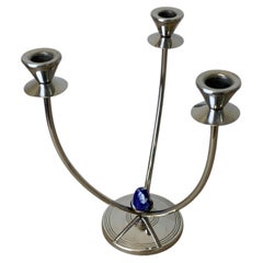 Candelabro in stile Art Déco in acciaio inossidabile a 3 bracci con pietre blu, Spagna, anni '70 circa