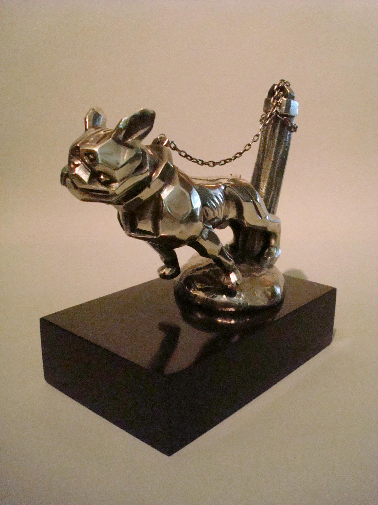 Silvered Art Deco Car Mascot, Chained French Bulldog, Hood Ornament, France 1920s