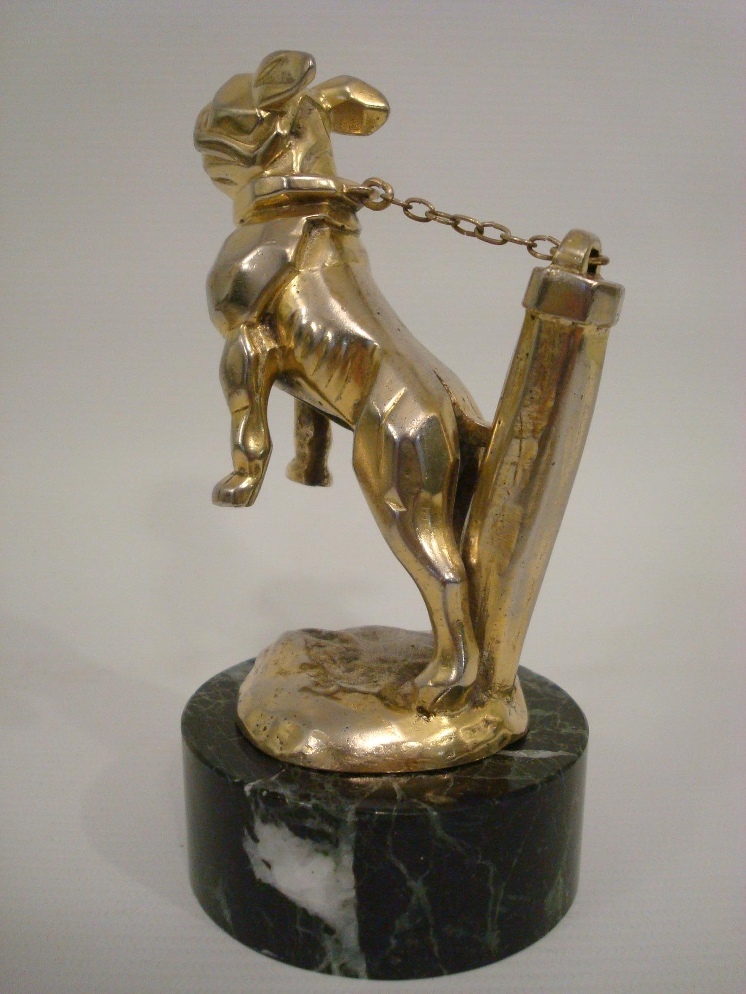 Silvered Art Deco Car Mascot, Chained French Bulldog, Hood Ornament, France 1920s For Sale