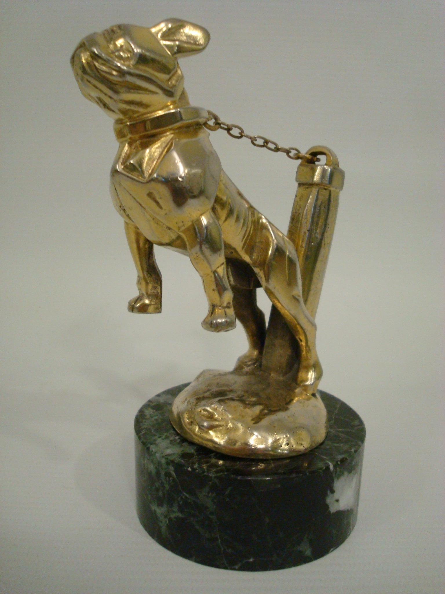 Silvered Art Deco Car Mascot, Chained French Bulldog, Hood Ornament, France 1920s For Sale