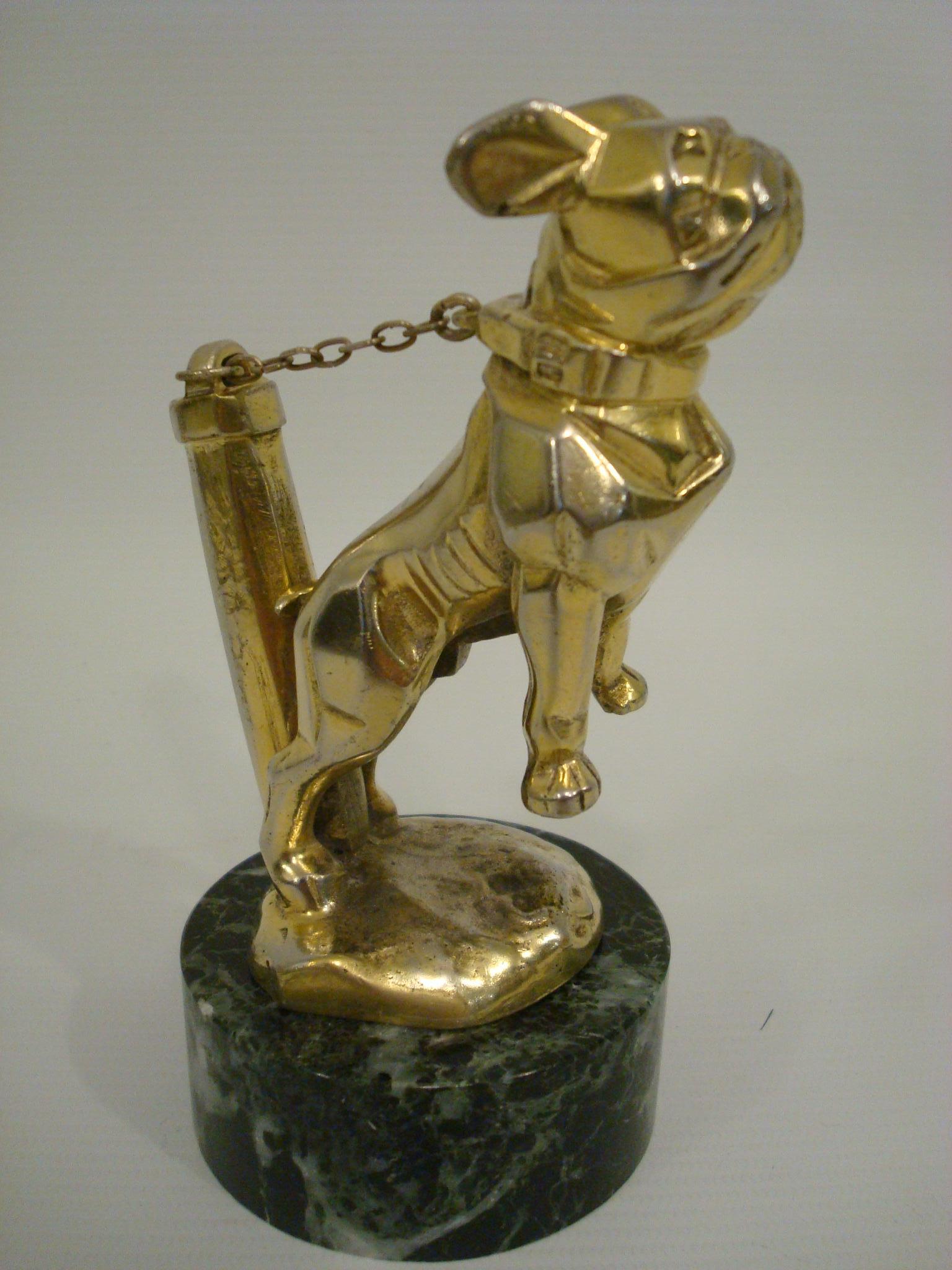 Bronze Art Deco Car Mascot, Chained French Bulldog, Hood Ornament, France 1920s For Sale