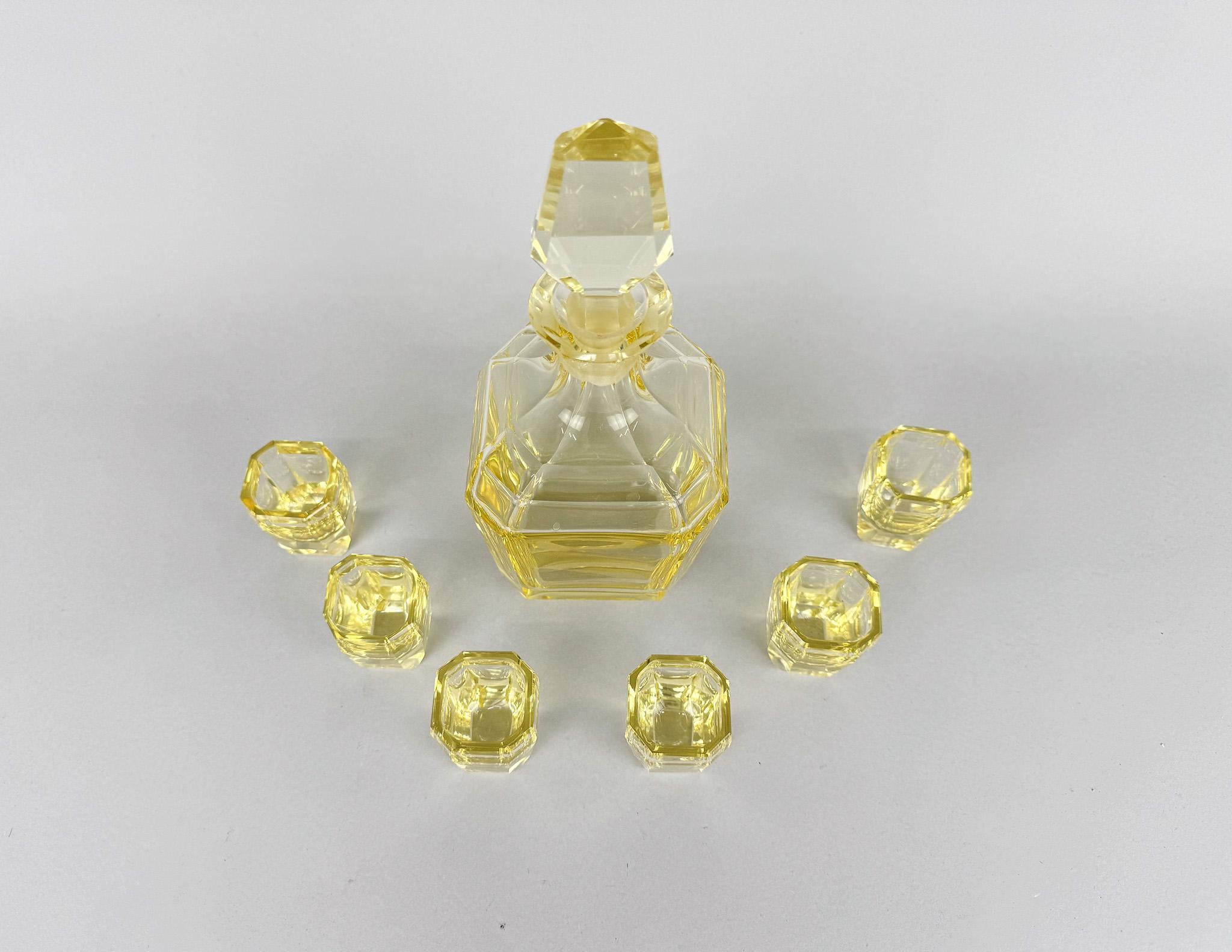 Czech Art Deco Carafe Decanter with 6 Glasses, Labeled For Sale