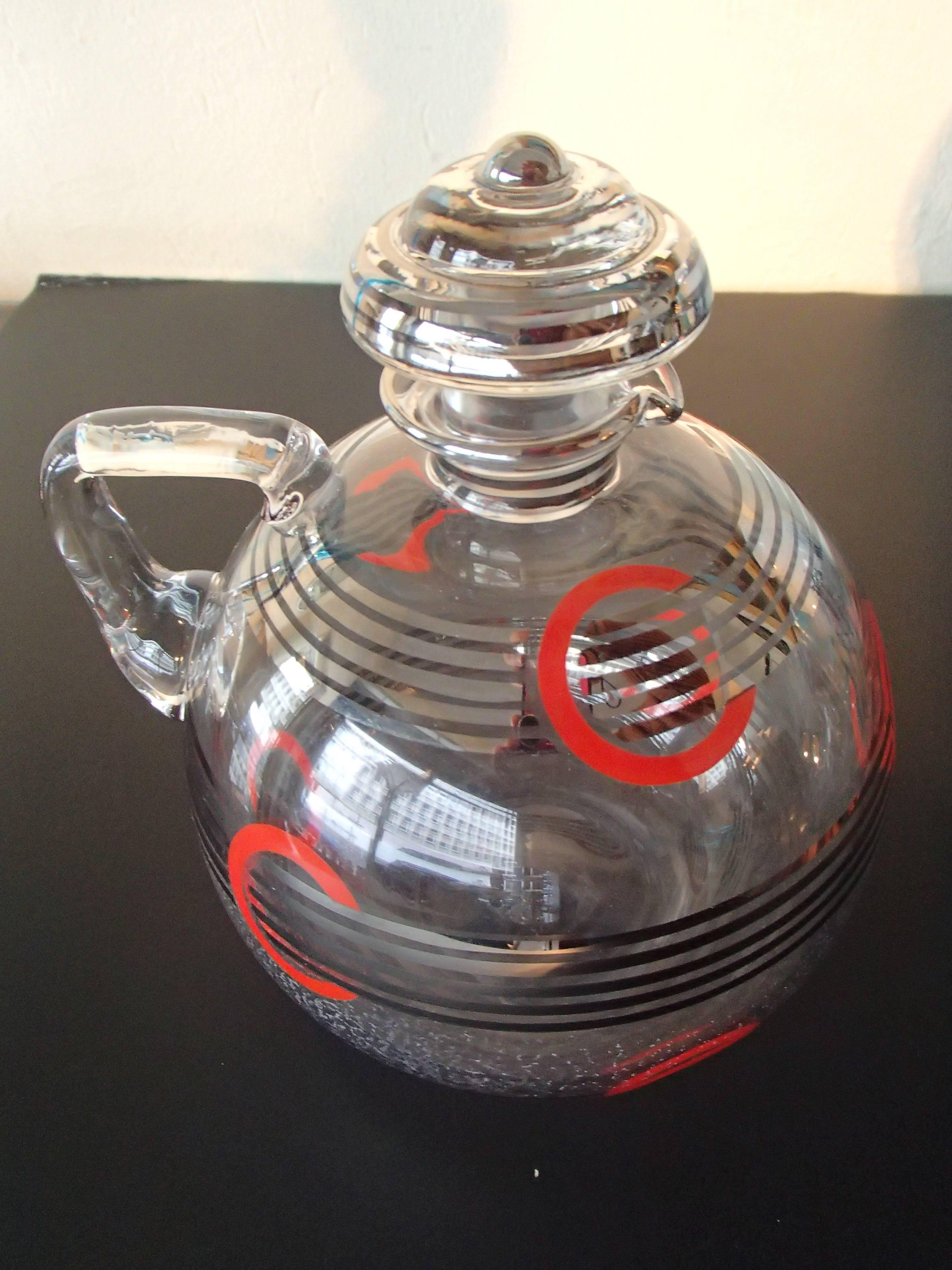 French Art Deco Carafe Silver Red and Black Geometrical Design For Sale