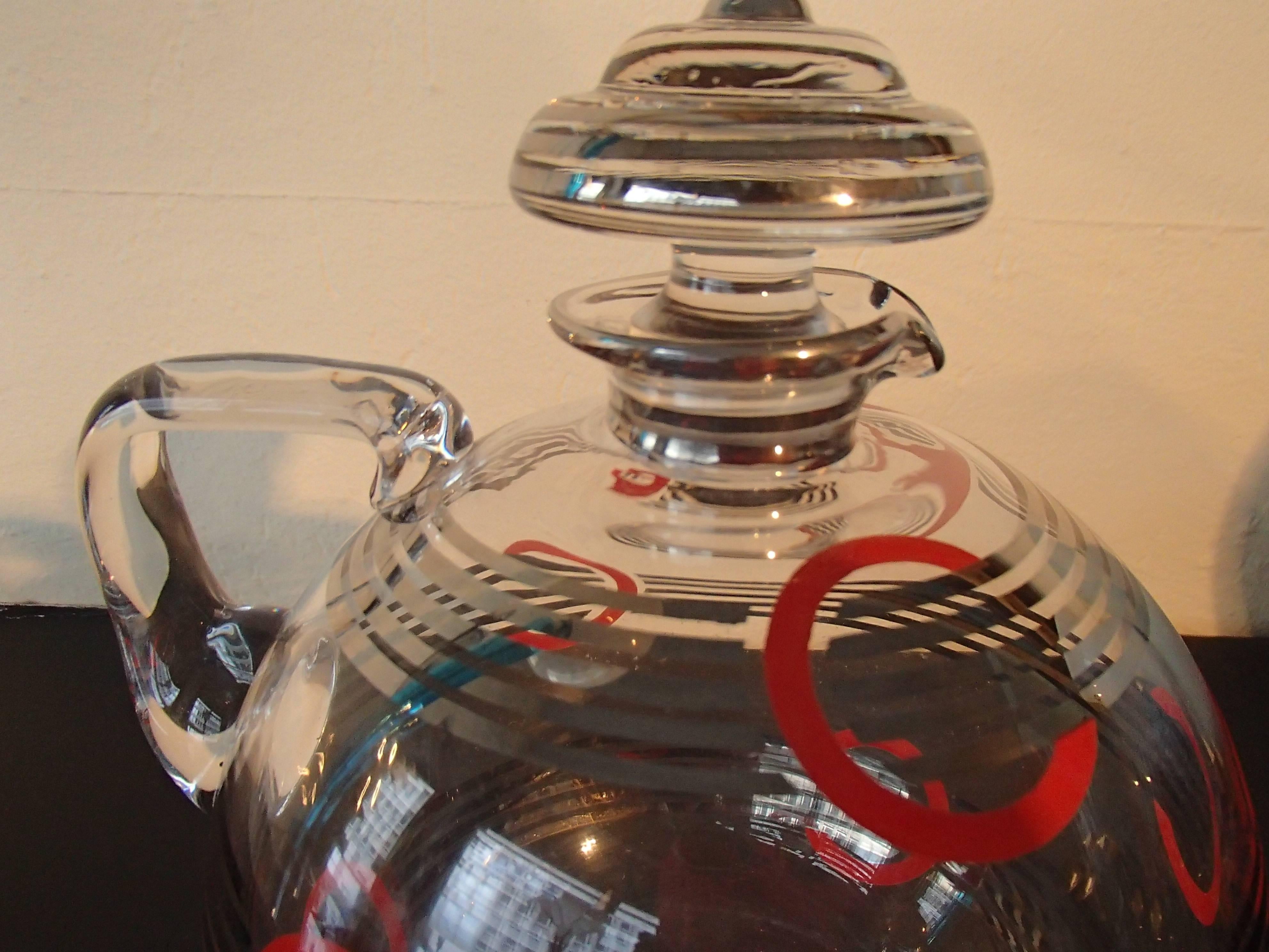 Glass Art Deco Carafe Silver Red and Black Geometrical Design For Sale