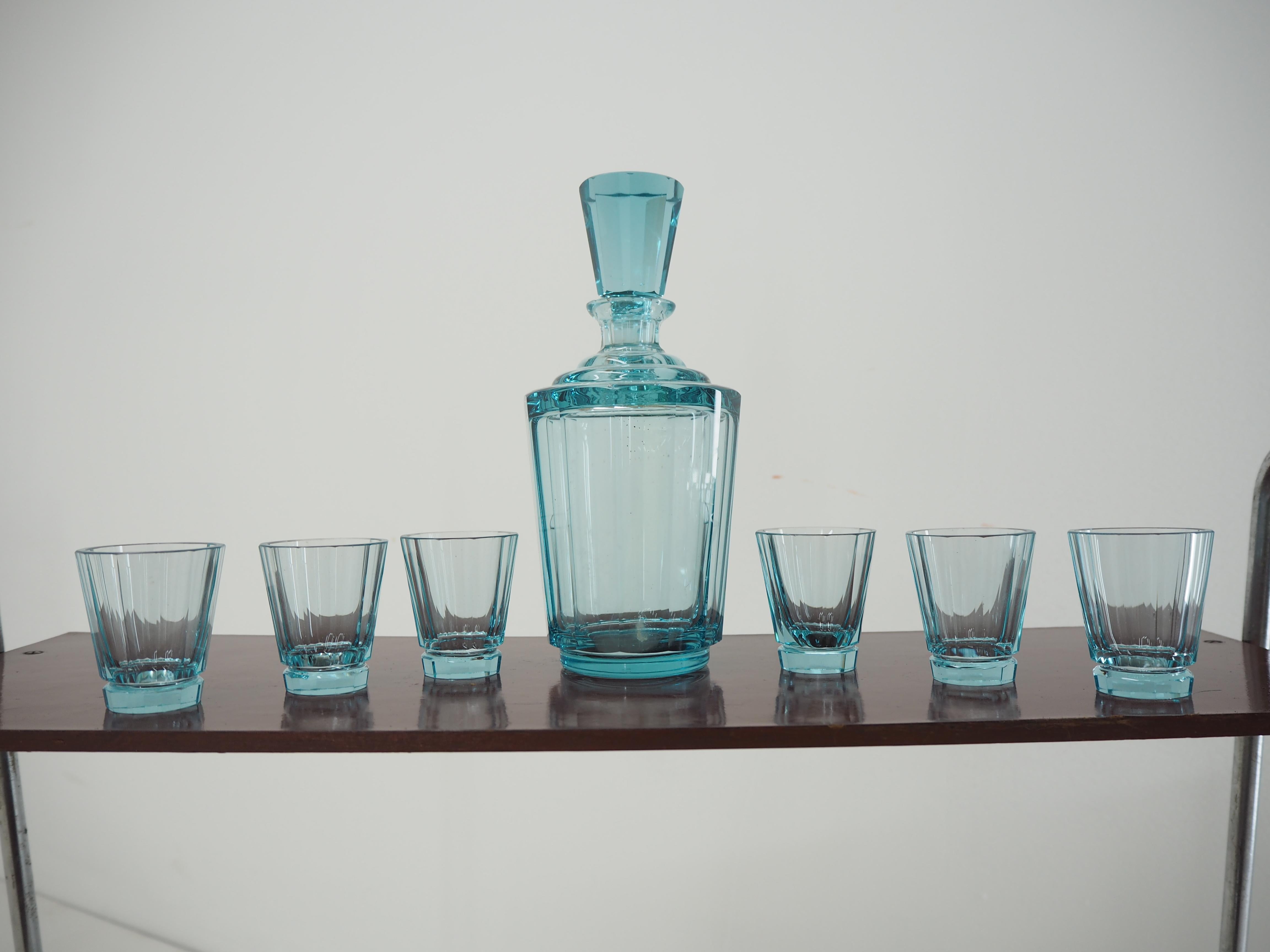 Art Deco Carafe with Set of Six Glasses, 1930s In Good Condition In Praha, CZ