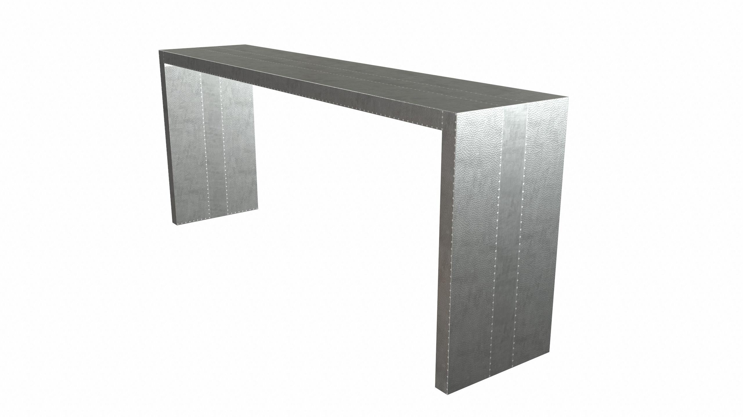 Metal Art Deco Card Tables and Tea Console Tables in White Bronze Mid. Hammered For Sale