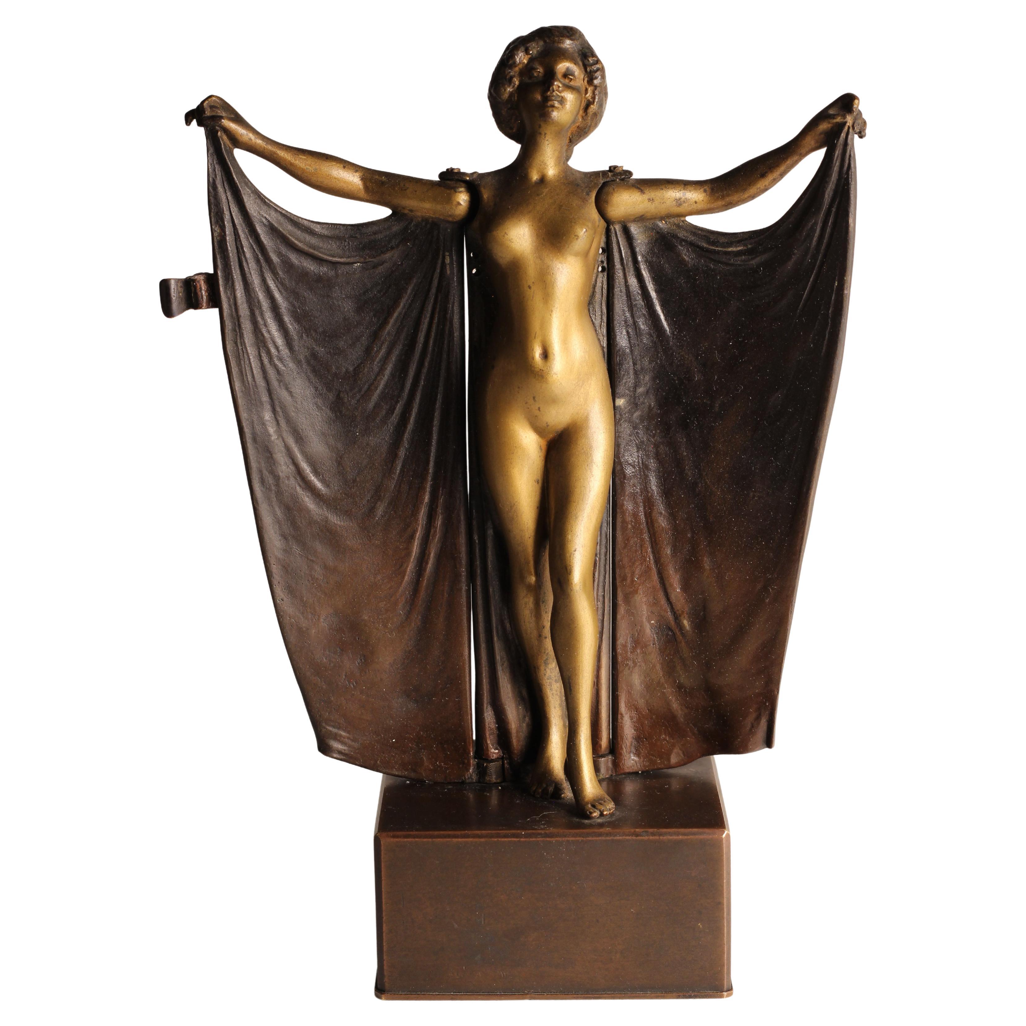 Art Deco Carl Kauba Automaton Bronze Nude with Mechanical Cape 1920’s Austria For Sale 1