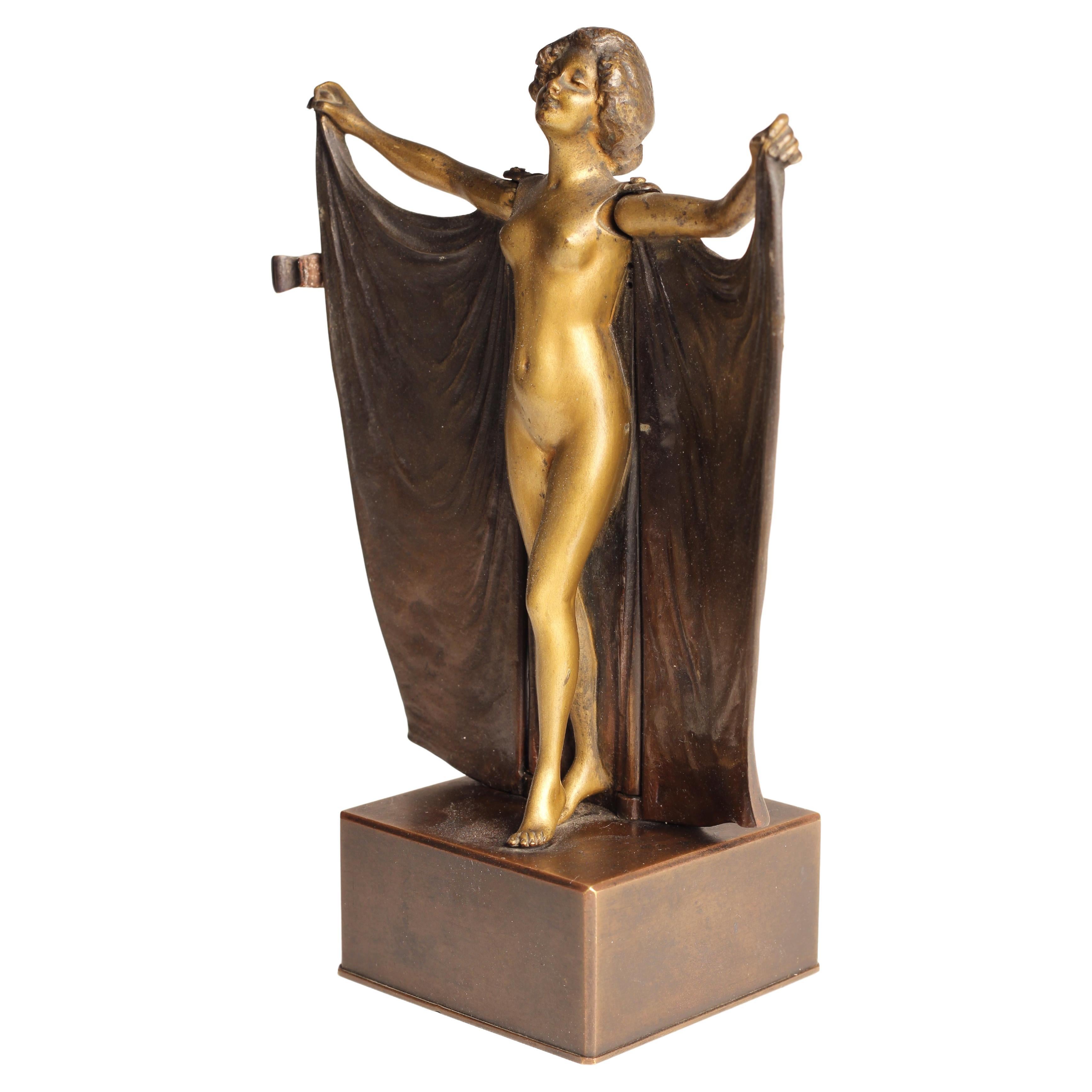 Art Deco Carl Kauba Automaton Bronze Nude with Mechanical Cape 1920’s Austria For Sale