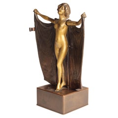 Art Deco Carl Kauba Automaton Bronze Nude with Mechanical Cape 1920’s Austria