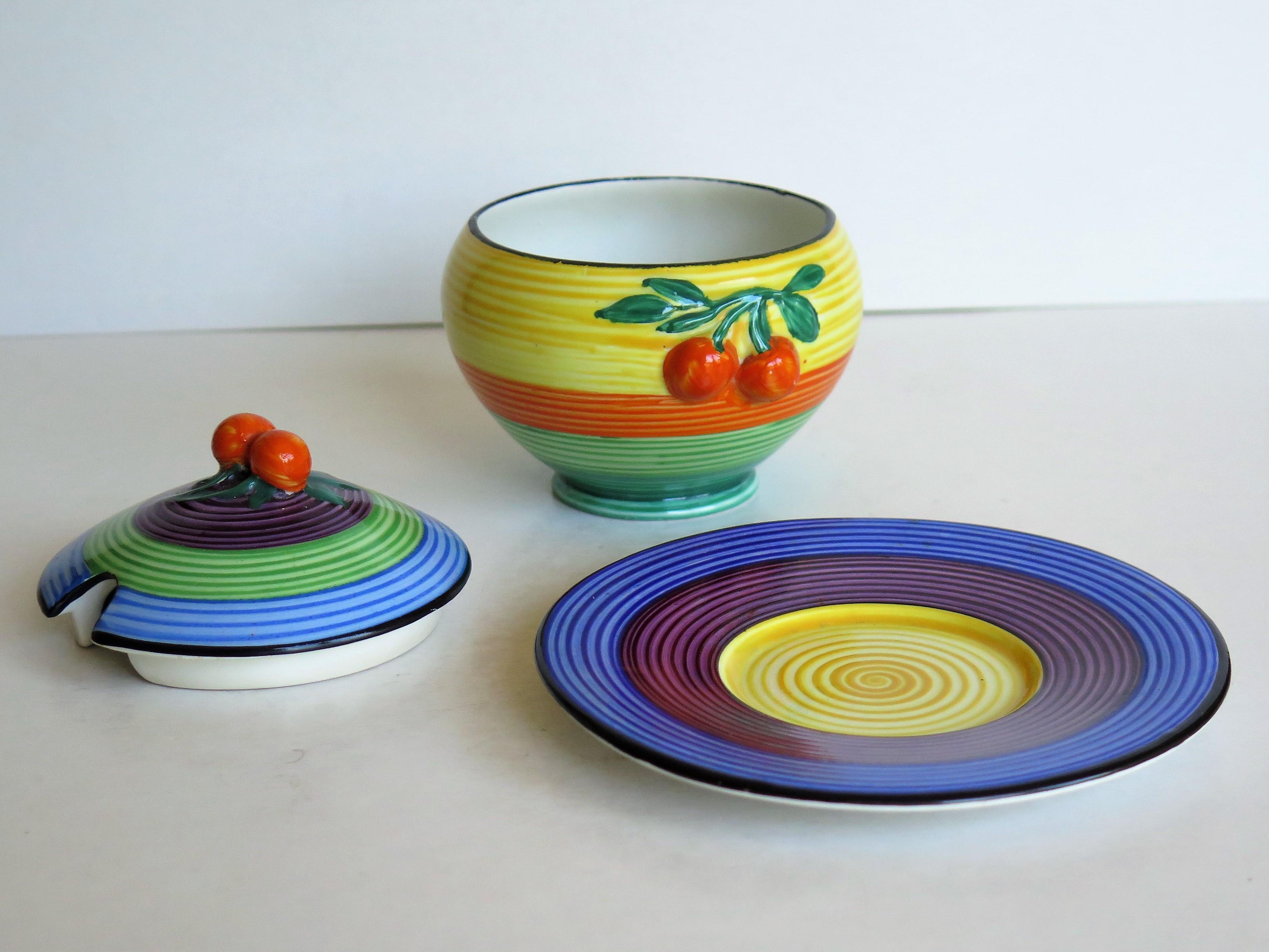 Art Deco Carlton Ware Pottery Jam Pot Lid and Stand fully marked, Circa 1930 In Good Condition In Lincoln, Lincolnshire