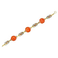 Art Deco Carnelian Guilloche Enamel 14 Karat Gold Link Bracelet