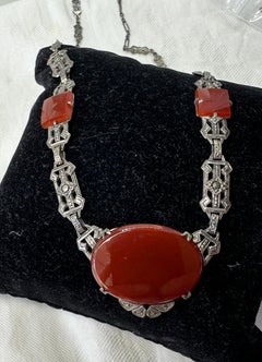 Art Deco Carnelian Marcasite Necklace Sterling Silver Antique