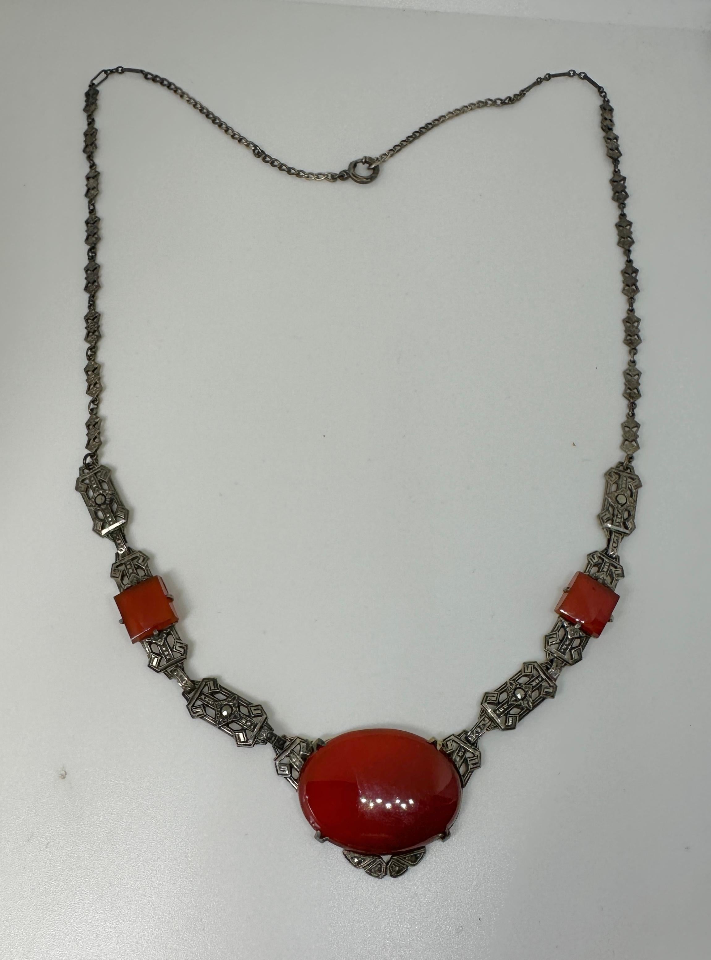 Cabochon Art Deco Carnelian Marcasite Necklace Sterling Silver Antique For Sale