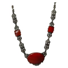 Art Deco Karneol Marcasite Halskette Sterlingsilber Antike