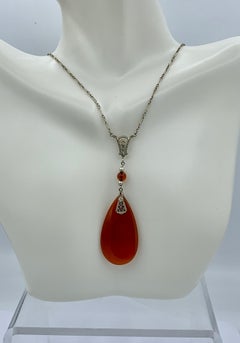 Art Deco Carnelian Pearl Necklace Filigree 14 Karat White Gold Antique