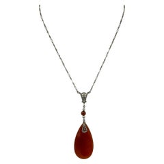 Art Deco Carnelian Pearl Necklace Filigree 14 Karat White Gold Antique