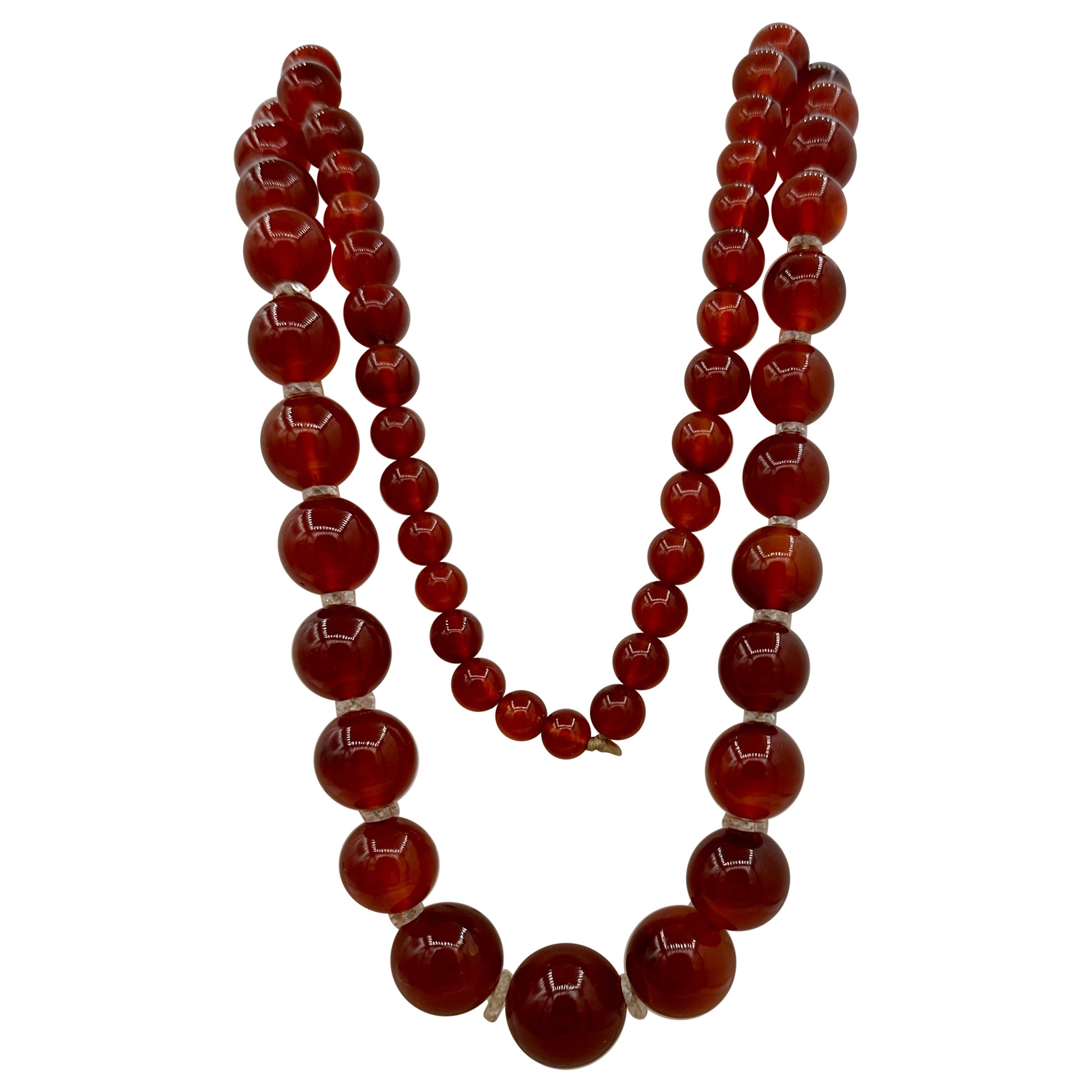 Art Deco Carnelian Rock Crystal Necklace 28 Inch Graduated Beads Antique