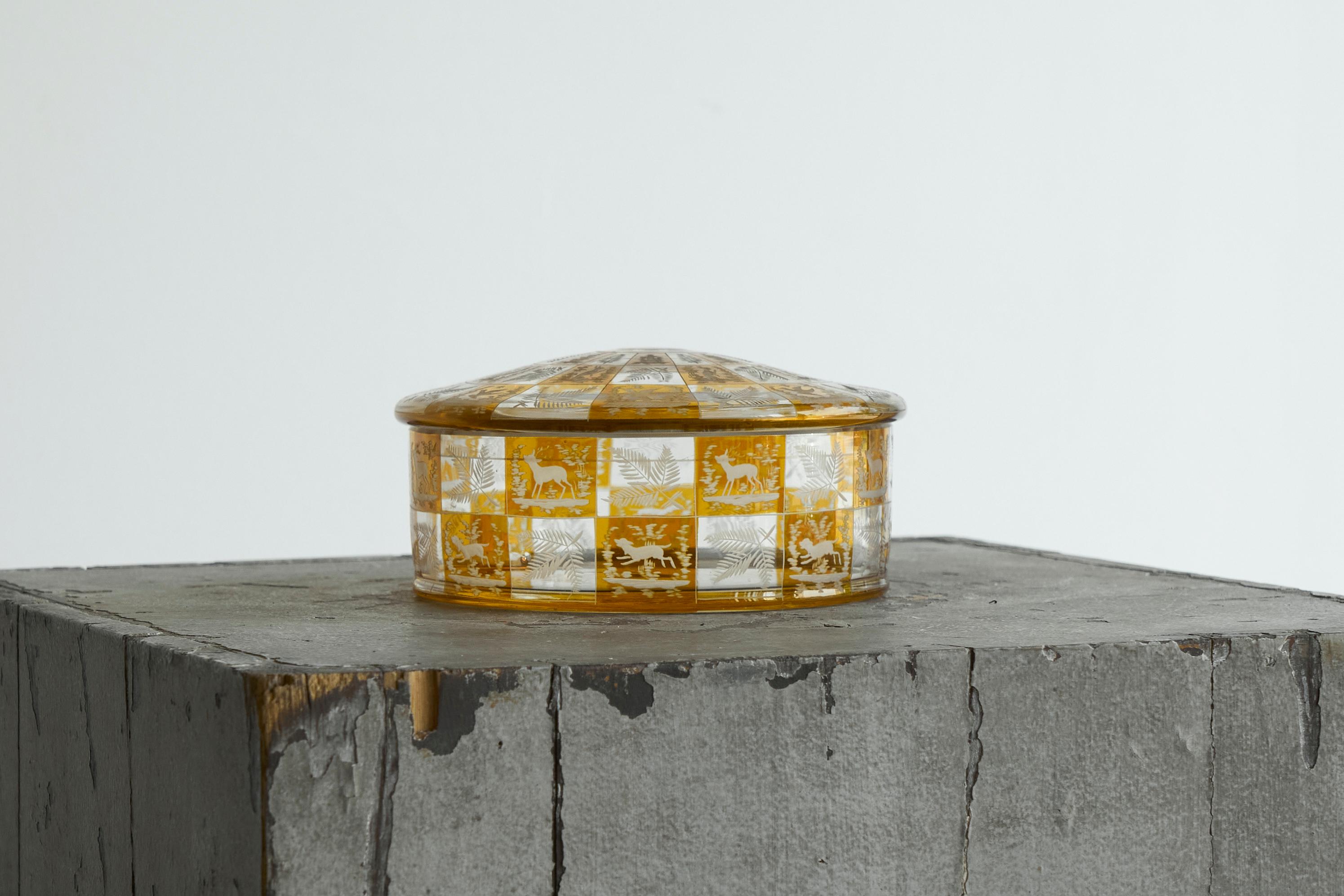 Art Deco 'Carousel' Style Lidded Box in Etched Glass Early 20th Century

A wonderful art deco box in glass with etched decoration and a very distinct carousel style appearance. Probably Czech, early 20th Century. 

The intricate and highly detailed