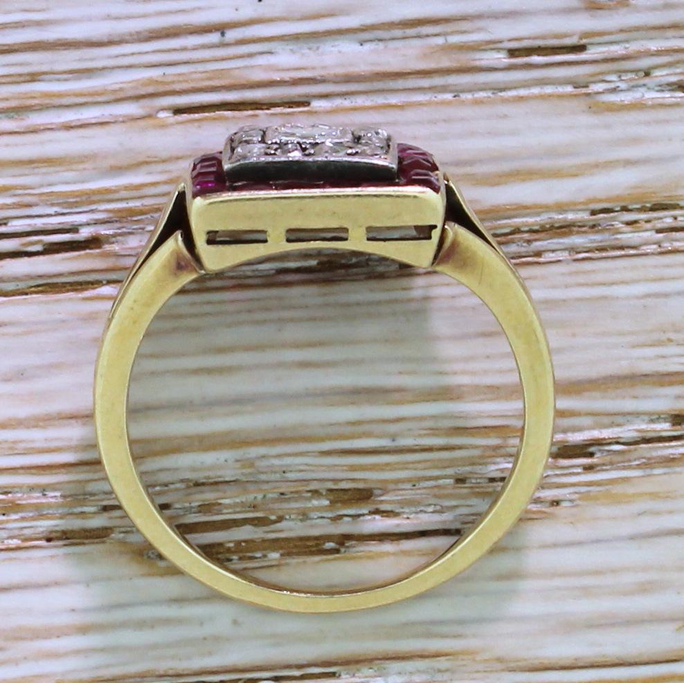 Art Deco Carré Cut Diamond and Ruby Square Cluster Ring, circa 1920 In Fair Condition In Essex, GB