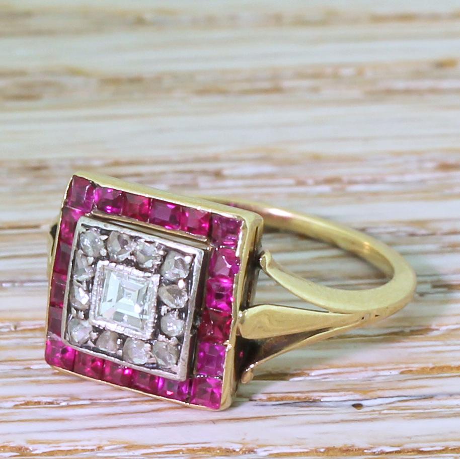 Art Deco Carré Cut Diamond and Ruby Square Cluster Ring, circa 1920 1