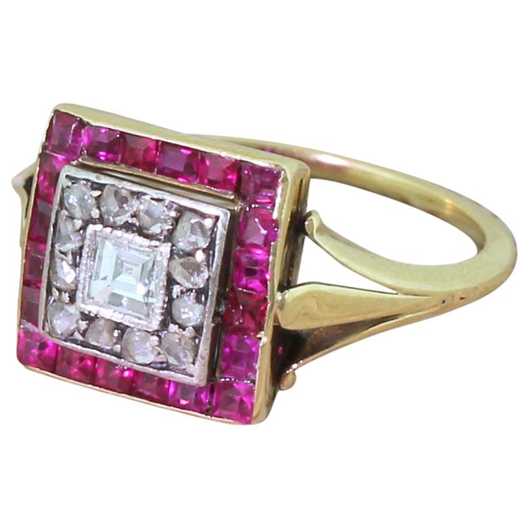Art Deco Carré Cut Diamond and Ruby Square Cluster Ring, circa 1920