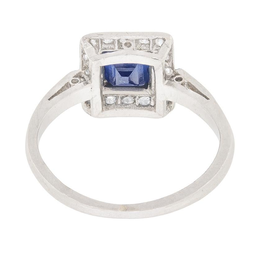 Women's or Men's Art Deco Carre Cut Sapphire and Diamond Cluster Ring, circa 1920s