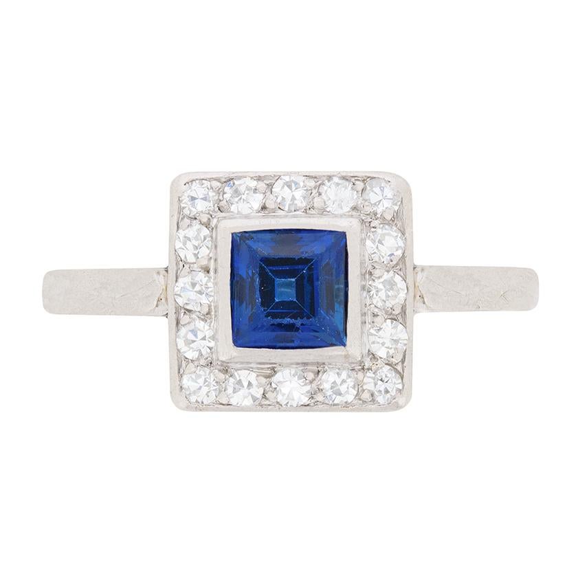 Art Deco Carre Cut Sapphire and Diamond Cluster Ring, circa 1920s