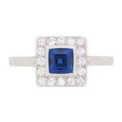 Art Deco Carre Cut Sapphire and Diamond Cluster Ring, circa 1920s