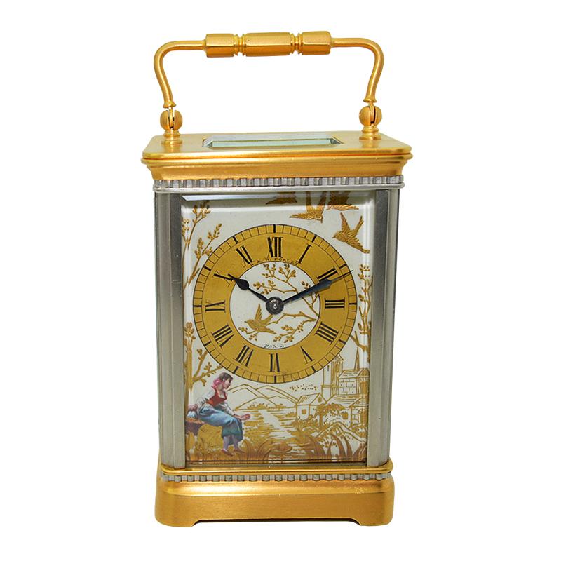 FACTORY / HOUSE: French Keywind Carriage Clock by Japy
STYLE / REFERENCE: Art Deco 
METAL / MATERIAL: Gild and Nickel Finish
CIRCA / YEAR: 1910 / 1920
DIMENSIONS / SIZE; 5 Inches by 2 3/4 Inches 
MOVEMENT / CALIBER: Manual Key Winding / 11 Jewels