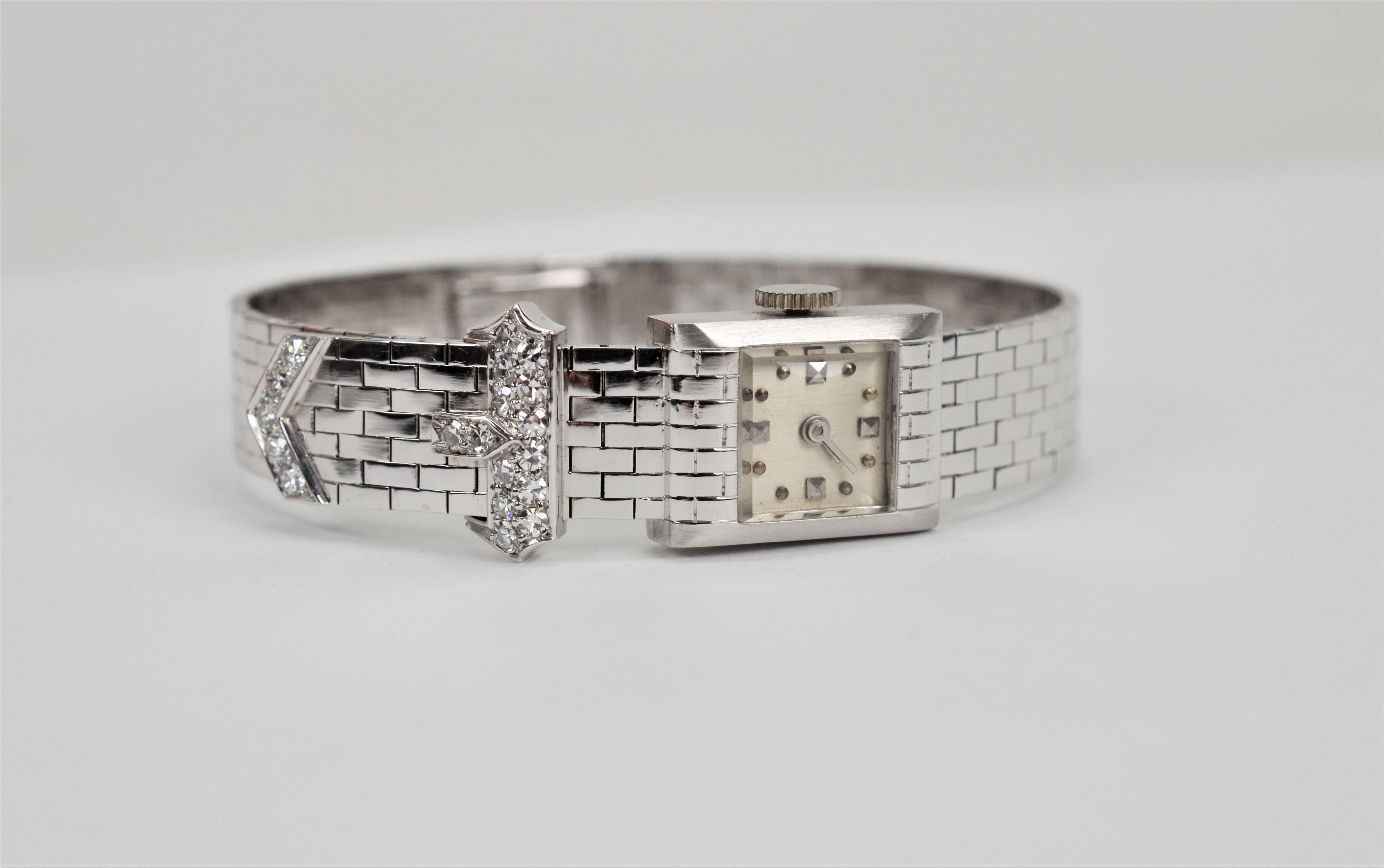 Art Deco Cartier 14 Karat White Gold Diamond Bracelet Concord Watch with Box For Sale 6