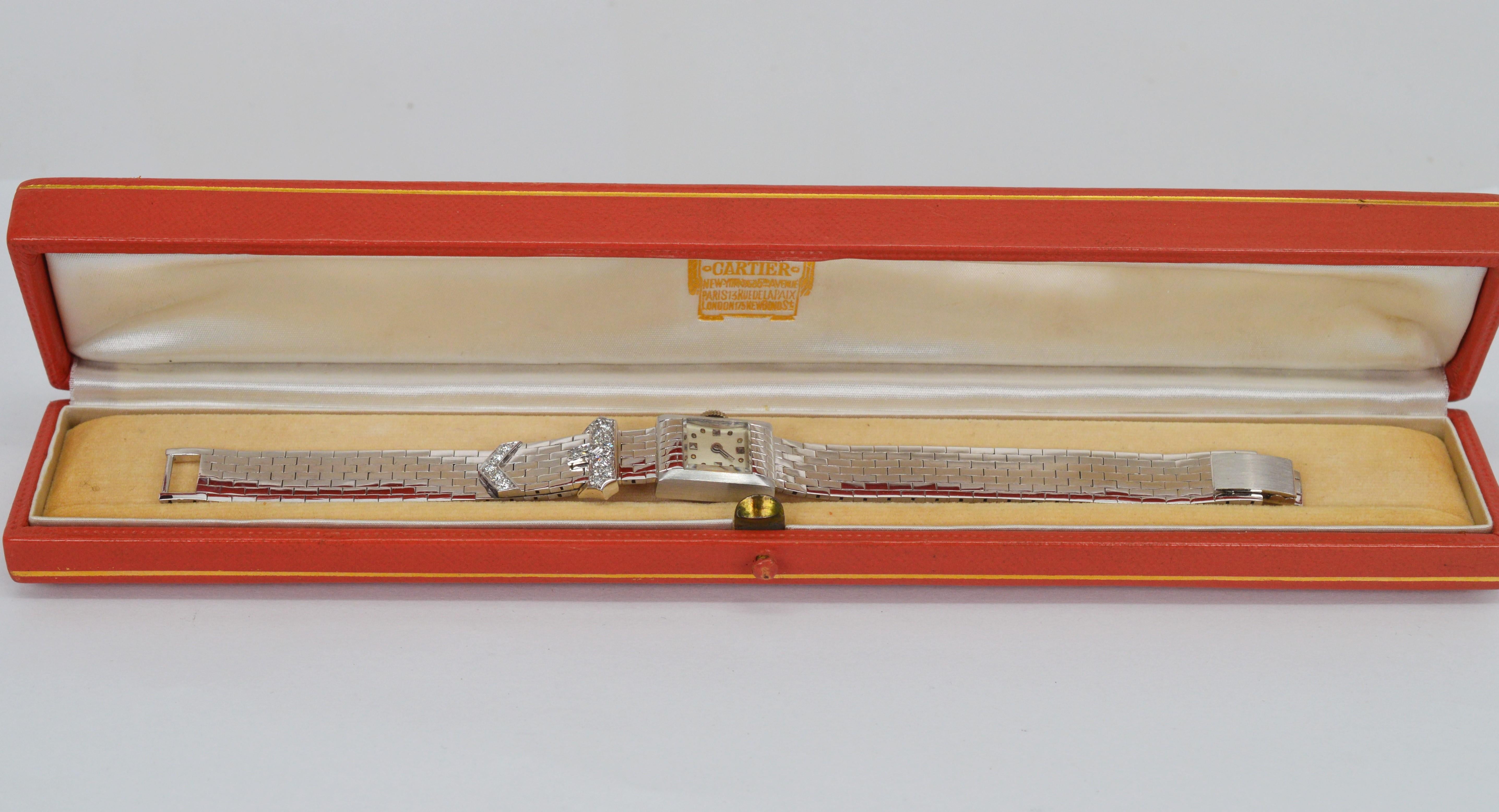 Art Deco Cartier 14 Karat White Gold Diamond Bracelet Concord Watch with Box For Sale 7