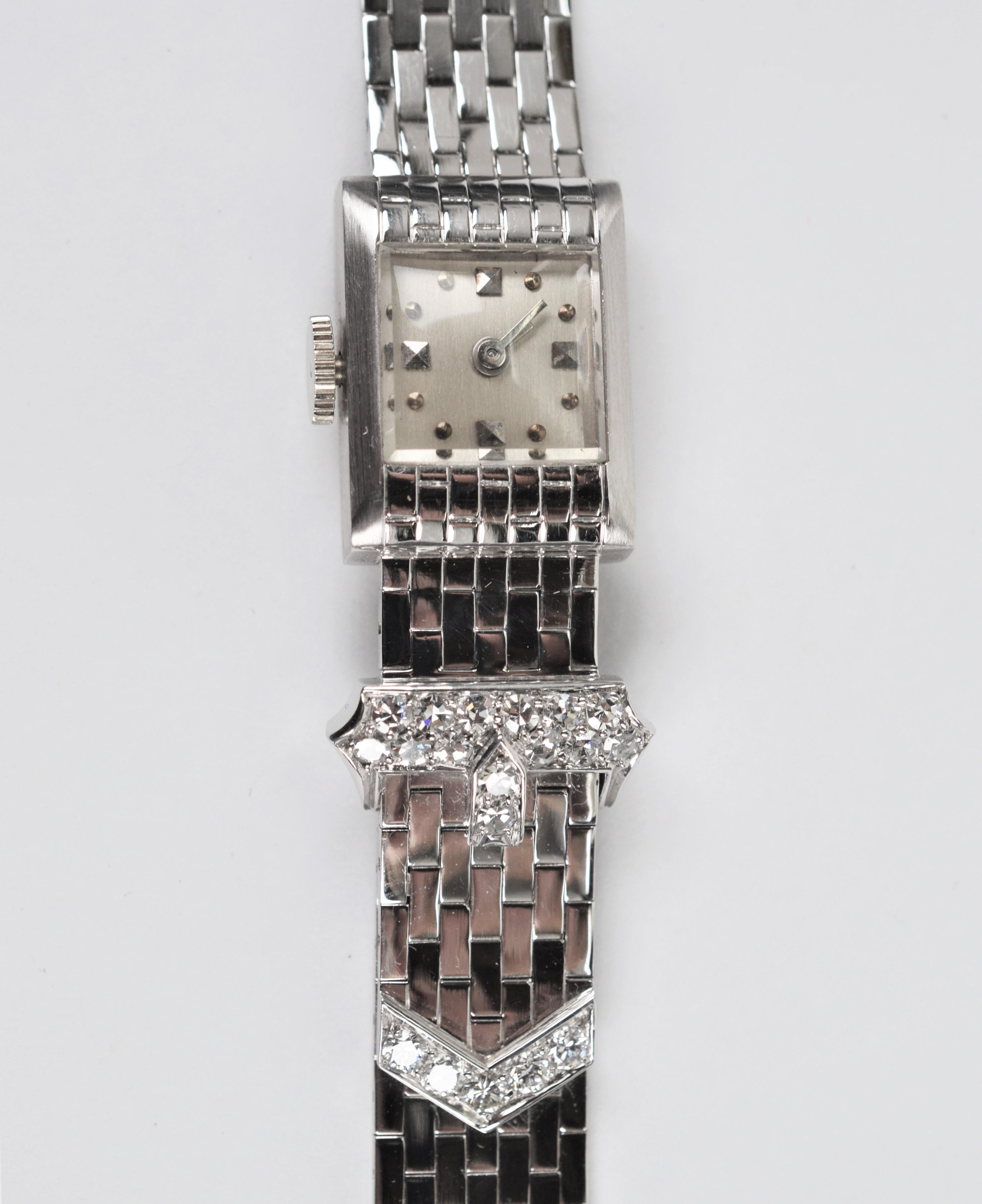 Concord-Uhr aus 14 Karat Weißgold mit Diamanten im Art déco-Stil und Schachtel (Rundschliff) im Angebot
