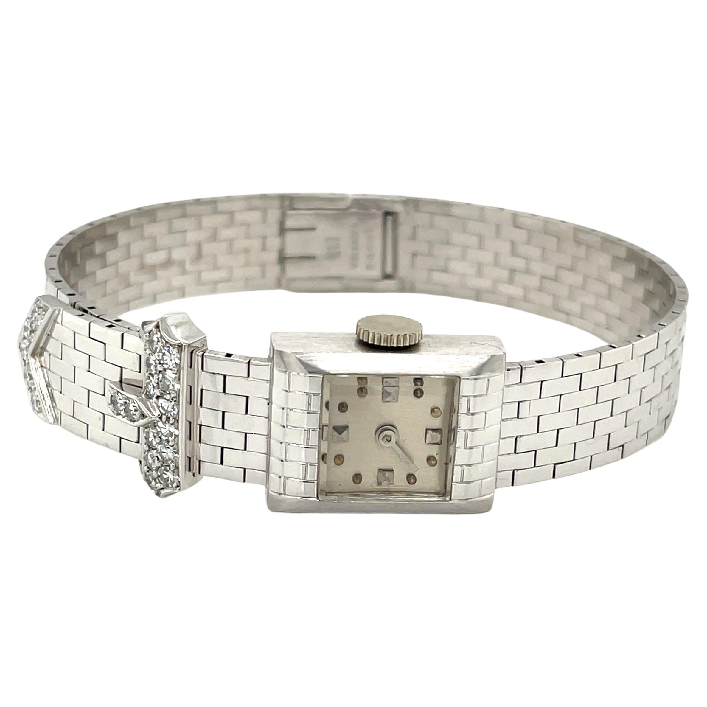 Art Deco Cartier 14 Karat White Gold Diamond Bracelet Concord Watch with Box For Sale