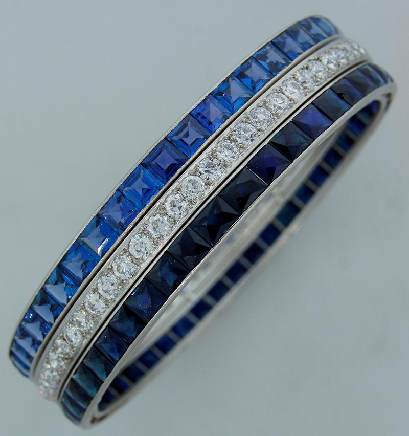 An exquisite Art Deco Cartier bracelet, made of platinum with diamond and sapphire.
This Cartier bangle bracelet is the embodiment of the Maison’s high-end jewelry standards. Being made in pre-machine production era by hand, this piece showcases
