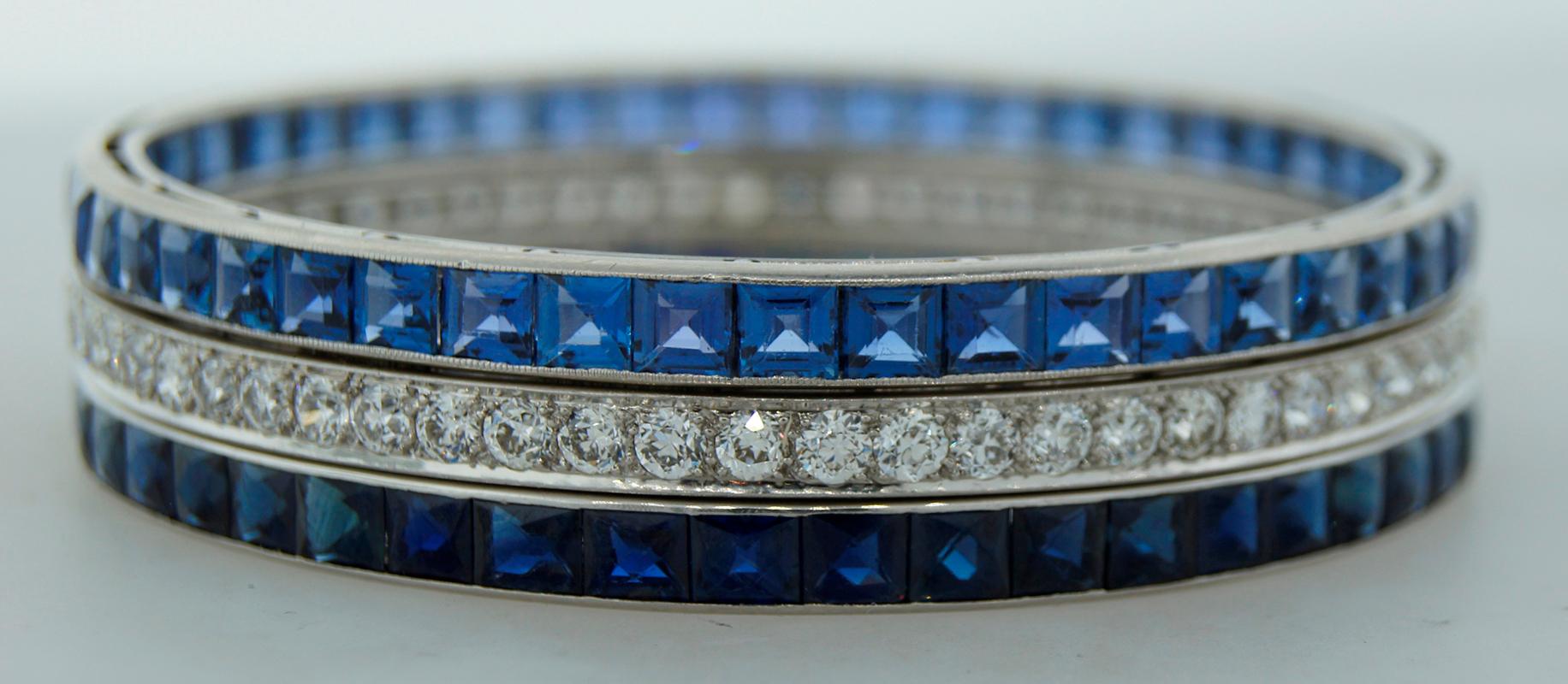Mixed Cut Art Deco Cartier Bangle Bracelet Platinum Diamond Sapphire, French