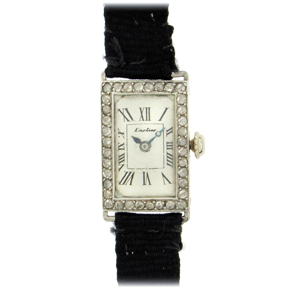 Art Deco Cartier Diamant-Armbanduhr Damen im Angebot