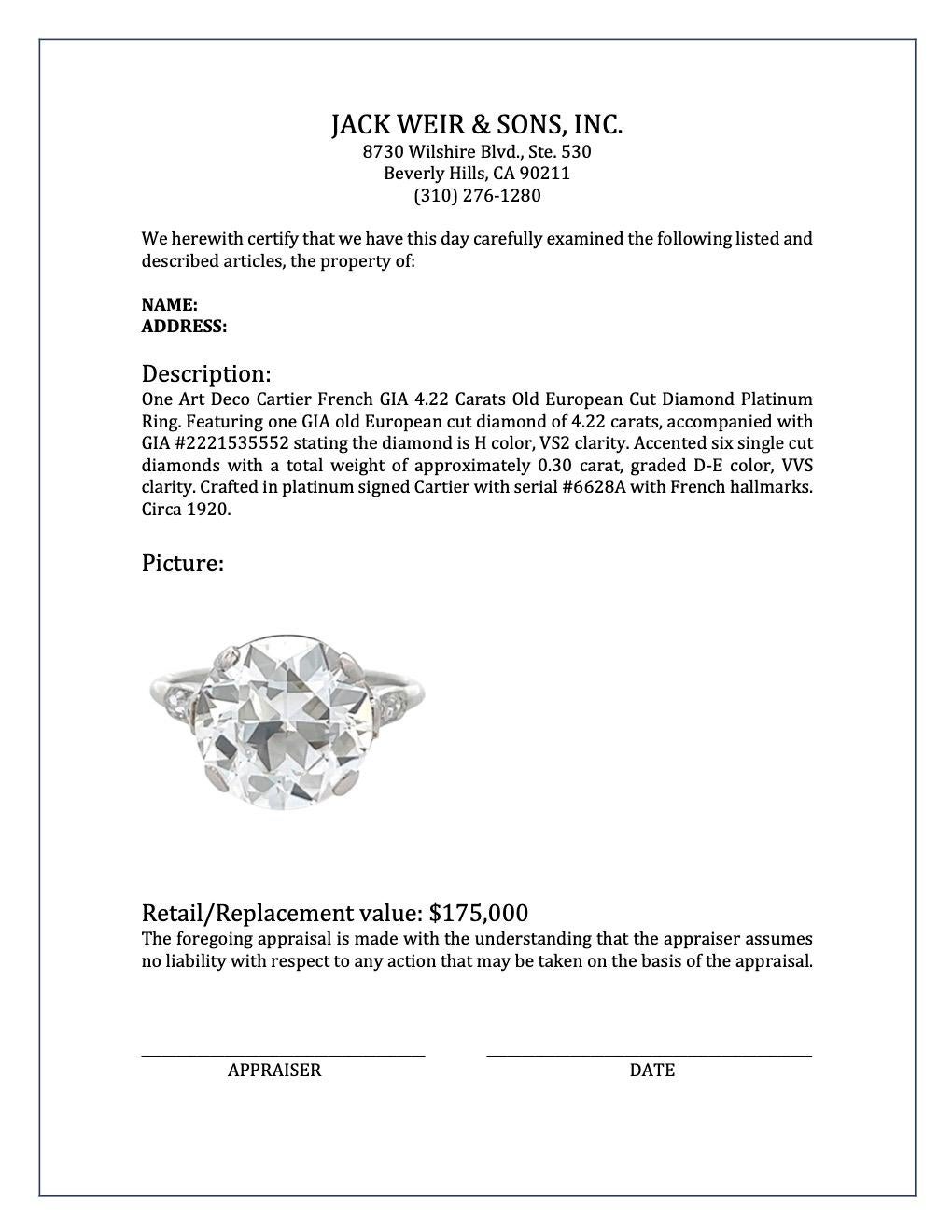 Art Deco Cartier French GIA 4.22 Carats Old European Cut Diamond Platinum Ring 4