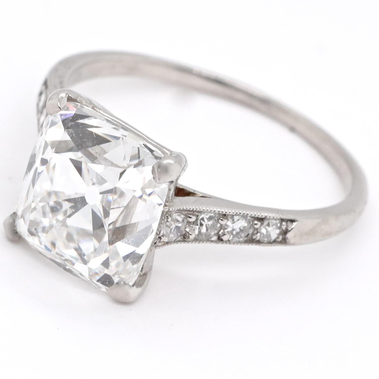 The benefit of buying a signed ring is the outstanding diamond quality and craftsmanship, especially art deco from Cartier. Rest assured it's extremely rare and desirable. GIA certified as 4.02 carat old mine cut diamond, E color VVS2 clarity.