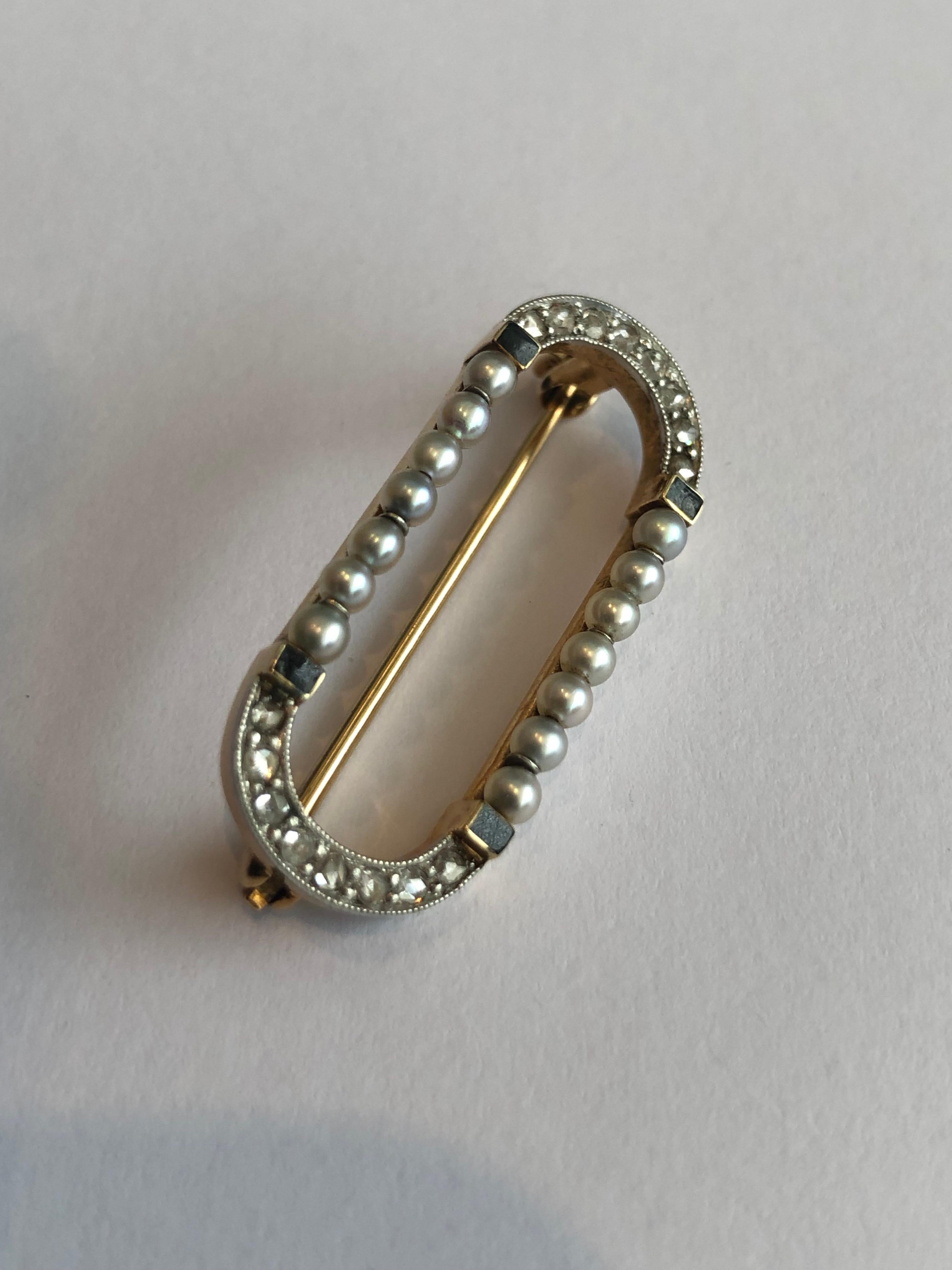 Rose Cut Art-Deco Cartier New York Brooch Gold 14 Karat Platinum Pearls Diamonds Onyx For Sale