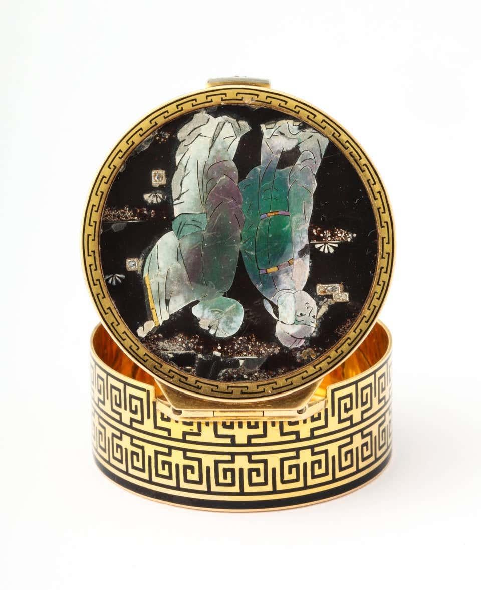 Pastillero Art Decó Cartier París Chinoiserie Lac Burgaute Esmalte Oro Europeo