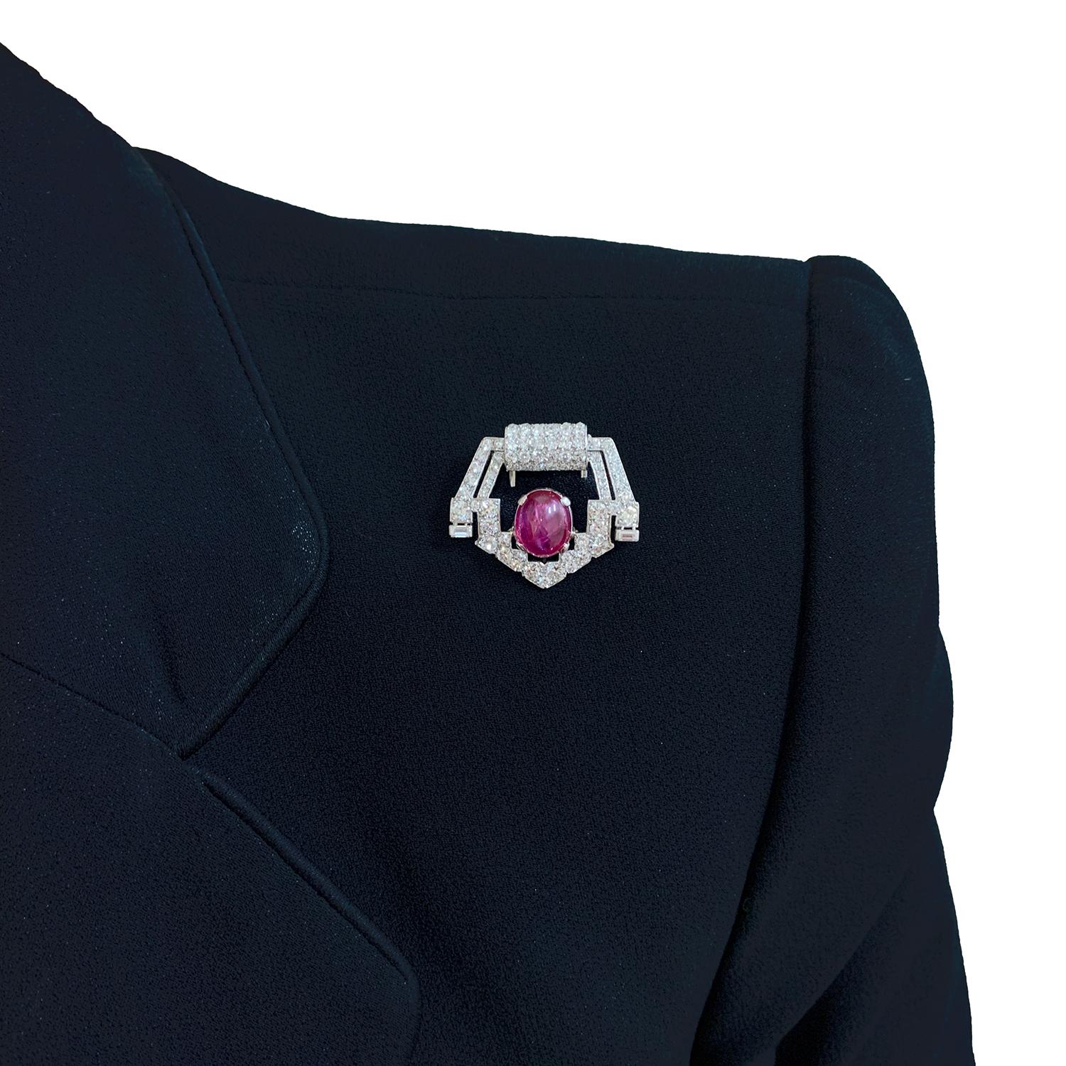 Art Deco Cartier Platinum Brooch, Set with Diamonds and a Ruby 7