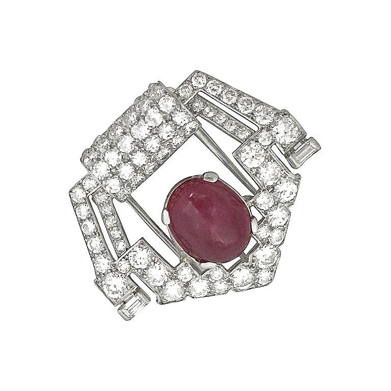 Women's or Men's Art Deco Cartier Platinum Brooch, Set with Diamonds and a Ruby